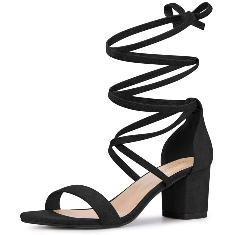 Perphy Black Lace Up Heels Chunky Heel Sandals